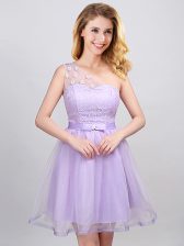 Excellent A-line Vestidos de Damas Lavender One Shoulder Tulle Sleeveless Mini Length Lace Up
