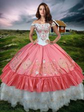  Off the Shoulder Watermelon Red Sleeveless Floor Length Embroidery and Ruffled Layers Lace Up Sweet 16 Quinceanera Dress
