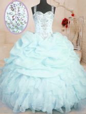  Light Blue Zipper Straps Beading and Ruffles and Pick Ups Ball Gown Prom Dress Organza Sleeveless