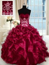  Sleeveless Organza Floor Length Lace Up Quinceanera Dresses in Wine Red with Beading and Appliques and Ruffles