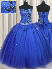  Sleeveless Floor Length Beading and Appliques Lace Up Quinceanera Gown with Royal Blue