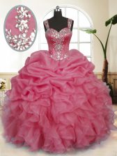  Floor Length Pink 15th Birthday Dress Organza Sleeveless Beading and Ruffles and Pick Ups