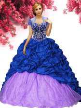 Simple Royal Blue Ball Gowns Sweetheart Sleeveless Taffeta Brush Train Lace Up Beading and Pick Ups Quinceanera Gowns