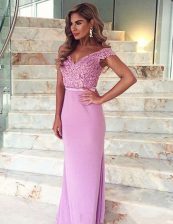 Enchanting Mermaid Off The Shoulder Short Sleeves Brush Train Zipper Prom Evening Gown Lilac Elastic Woven Satin