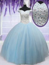 Excellent Ball Gowns Sweet 16 Dress Light Blue Off The Shoulder Tulle Sleeveless Floor Length Lace Up