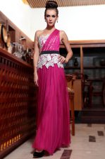  One Shoulder Fuchsia Sleeveless Beading and Appliques and Ruching Ankle Length Prom Gown