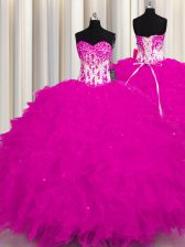  Fuchsia Ball Gowns Appliques Quinceanera Dress Lace Up Organza Sleeveless Floor Length