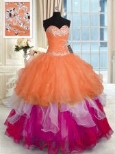 Dynamic Sweetheart Sleeveless 15 Quinceanera Dress Floor Length Beading and Ruffled Layers Multi-color Organza