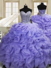 Customized Lavender Organza Lace Up Sweetheart Sleeveless Vestidos de Quinceanera Sweep Train Beading and Ruffles