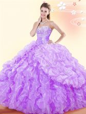 Popular Lavender Lace Up Sweet 16 Dress Beading and Ruffles and Pick Ups Sleeveless Floor Length