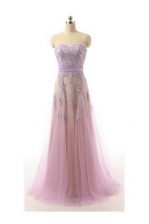 Elegant Lilac Organza Zipper Sweetheart Sleeveless Prom Gown Brush Train Lace and Appliques and Belt