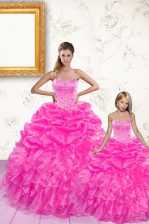 Best Selling Hot Pink Ball Gowns Sweetheart Sleeveless Organza Floor Length Lace Up Beading and Ruffles and Pick Ups Vestidos de Quinceanera
