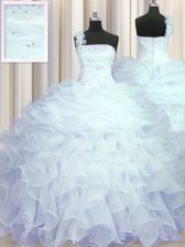 Customized One Shoulder Light Blue Sleeveless Beading and Ruffles Floor Length Quinceanera Dress