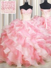  Visible Boning Two Tone Beading and Ruffles Ball Gown Prom Dress Pink And White Lace Up Sleeveless Floor Length