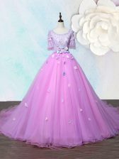  Scoop Lilac Organza Lace Up Prom Evening Gown Half Sleeves With Train Court Train Beading and Appliques