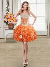 Best Orange Lace Up Sweetheart Beading and Ruffles and Sequins Prom Evening Gown Organza Sleeveless