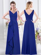 Inexpensive Floor Length Royal Blue Quinceanera Court Dresses Chiffon Sleeveless Ruffles and Ruching