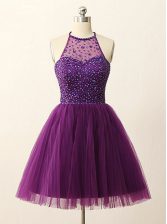 Most Popular Purple A-line Halter Top Sleeveless Tulle Mini Length Zipper Beading and Sequins Prom Evening Gown