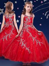  Ankle Length Red Little Girl Pageant Dress Scoop Sleeveless Zipper