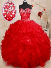  Red Ball Gowns Sweetheart Sleeveless Organza Floor Length Lace Up Beading and Ruffles Sweet 16 Dresses