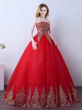  Floor Length Red Sweet 16 Dress Tulle Sleeveless Appliques and Sequins