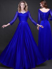  Royal Blue Lace Up Prom Dress Appliques and Belt Long Sleeves Floor Length