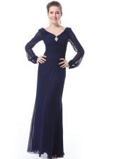  Navy Blue Homecoming Dress Prom and Party with Ruching V-neck Long Sleeves Side Zipper