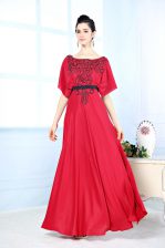  Floor Length Red Prom Evening Gown Bateau Sleeveless Zipper