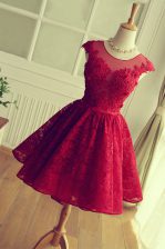 Fantastic Scoop Appliques Prom Gown Red Lace Up Cap Sleeves Knee Length