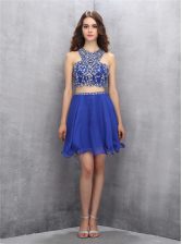  Criss Cross Scoop Sleeveless Dress for Prom Knee Length Beading Royal Blue Chiffon