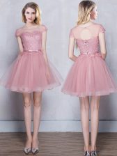  Scoop Short Sleeves Lace Up Vestidos de Damas Pink Tulle