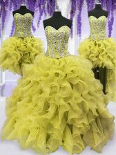 Beautiful Four Piece Sleeveless Organza Floor Length Lace Up Vestidos de Quinceanera in Light Yellow with Beading and Ruffles