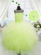  Scoop Yellow Green Sleeveless Beading and Appliques Floor Length Party Dress for Girls