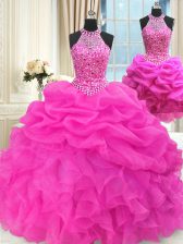  Three Piece Sleeveless Floor Length Beading and Pick Ups Lace Up 15 Quinceanera Dress with Hot Pink
