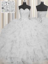 Glorious Visible Boning White Sleeveless Floor Length Beading and Ruffles and Sashes ribbons Lace Up Quinceanera Dress