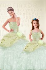 New Style Yellow Green Organza and Taffeta Lace Up Sweet 16 Dress Sleeveless Floor Length Beading and Ruffled Layers and Hand Made Flower