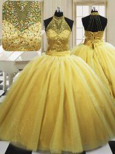  With Train Yellow 15th Birthday Dress High-neck Sleeveless Sweep Train Lace Up