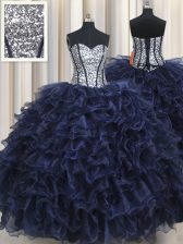 Admirable Navy Blue Ball Gowns Ruffled Layers and Sequins 15 Quinceanera Dress Lace Up Organza Sleeveless Floor Length