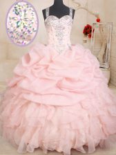  Straps Baby Pink Zipper Sweet 16 Quinceanera Dress Beading and Ruffles and Pick Ups Sleeveless Floor Length