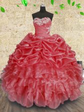 Elegant Floor Length Ball Gowns Sleeveless Coral Red Quinceanera Gown Lace Up