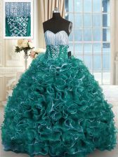 Extravagant Turquoise Sleeveless Brush Train Beading and Ruffles With Train 15 Quinceanera Dress