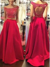 Hot Selling Off the Shoulder Backless Red Sleeveless Sweep Train Beading With Train Homecoming Dress