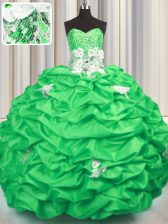 Enchanting Sweetheart Sleeveless Taffeta Quinceanera Gowns Appliques and Sequins and Pick Ups Brush Train Lace Up
