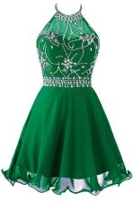  Scoop Beading and Belt Prom Gown Green Zipper Sleeveless Mini Length
