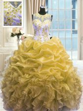  Scoop Gold Sleeveless Organza Zipper Sweet 16 Dress for Military Ball and Sweet 16 and Quinceanera