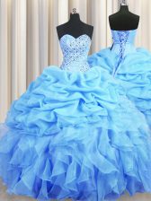 Gorgeous Baby Blue Ball Gowns Beading and Ruffles and Pick Ups Quinceanera Gown Backless Organza Sleeveless Floor Length