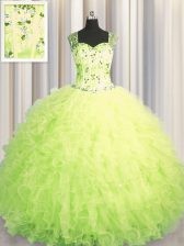Deluxe See Through Zipper Up Yellow Green Ball Gowns Straps Sleeveless Tulle Floor Length Zipper Beading and Ruffles 15 Quinceanera Dress
