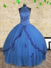 Admirable Blue Ball Gowns Tulle Halter Top Sleeveless Beading Floor Length Lace Up 15th Birthday Dress