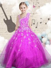  Asymmetric Sleeveless Little Girls Pageant Dress Floor Length Beading and Appliques and Hand Made Flower Fuchsia Organza