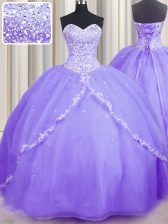 Fine Brush Train Lavender Sleeveless With Train Beading and Appliques Lace Up Vestidos de Quinceanera